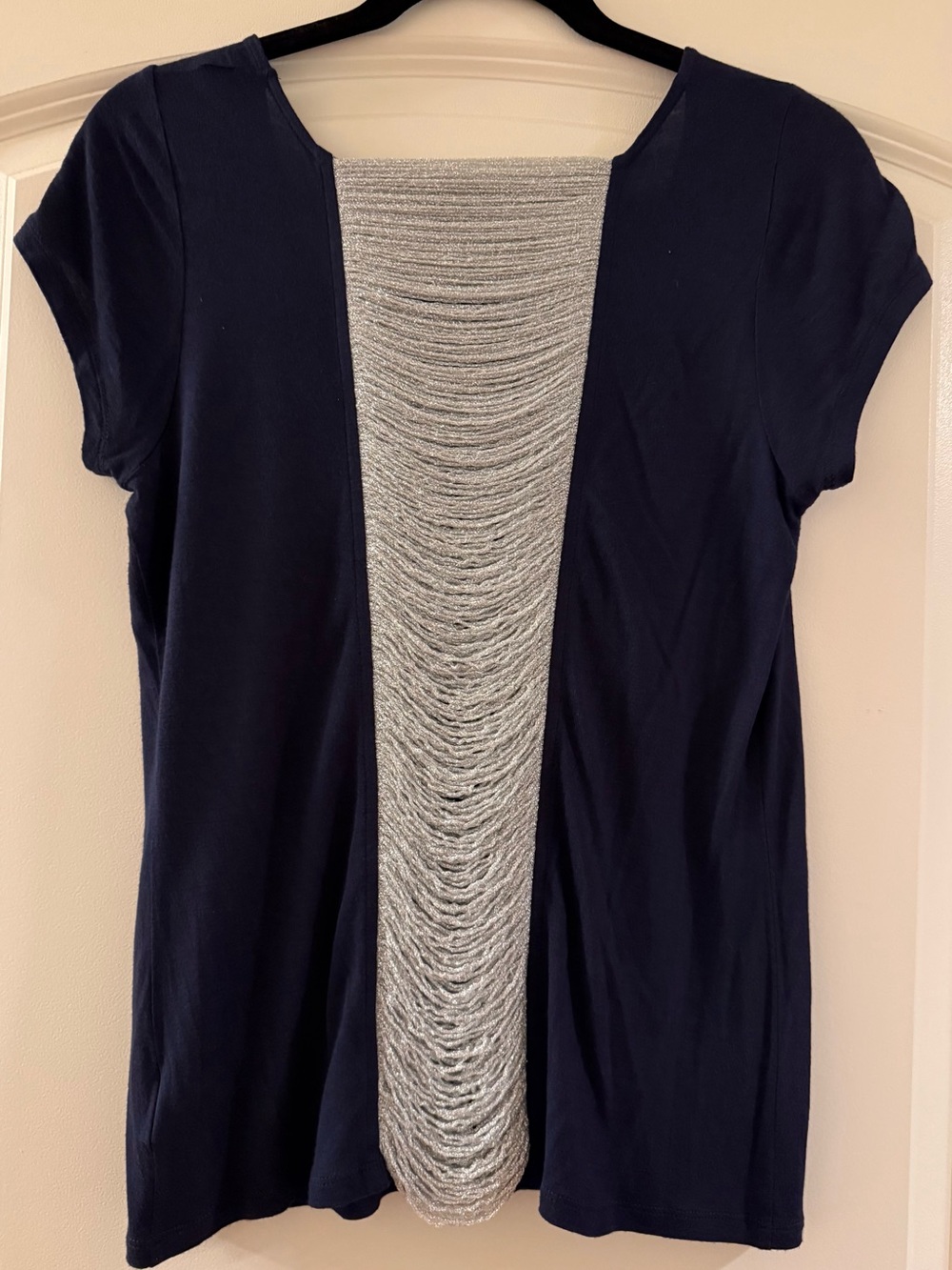INC  Navy Short-Sleeve Blouse with Silver Draped